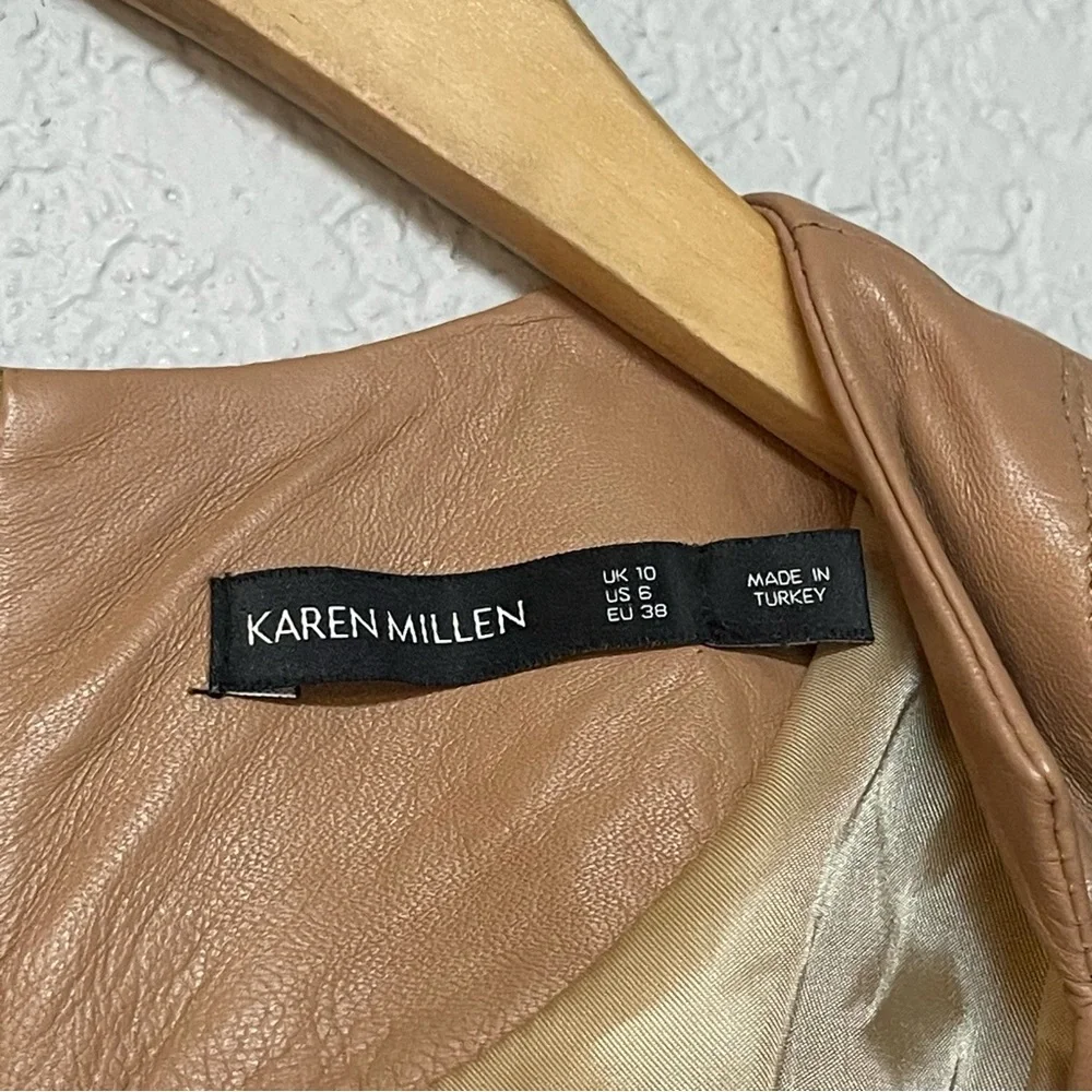 Karen Millen Lamb Leather Forever Short Sleeve Pencil Midi Dress Tan Brown Sz 6 - Picture 5 of 6
